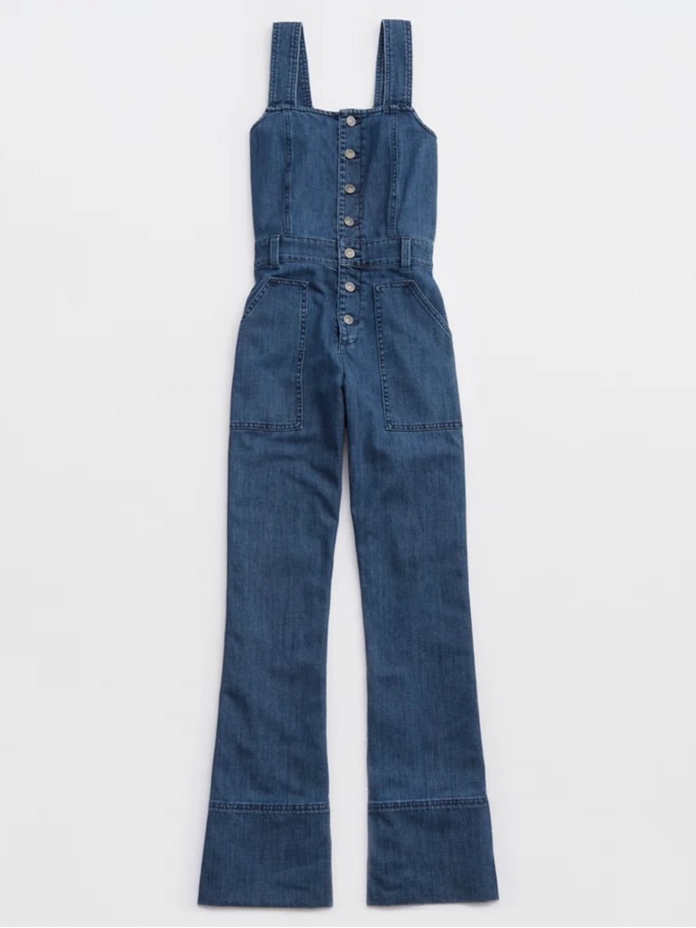 AERIE Denim Kick Flare Overalls Jumpsuit Blue Button Front XS